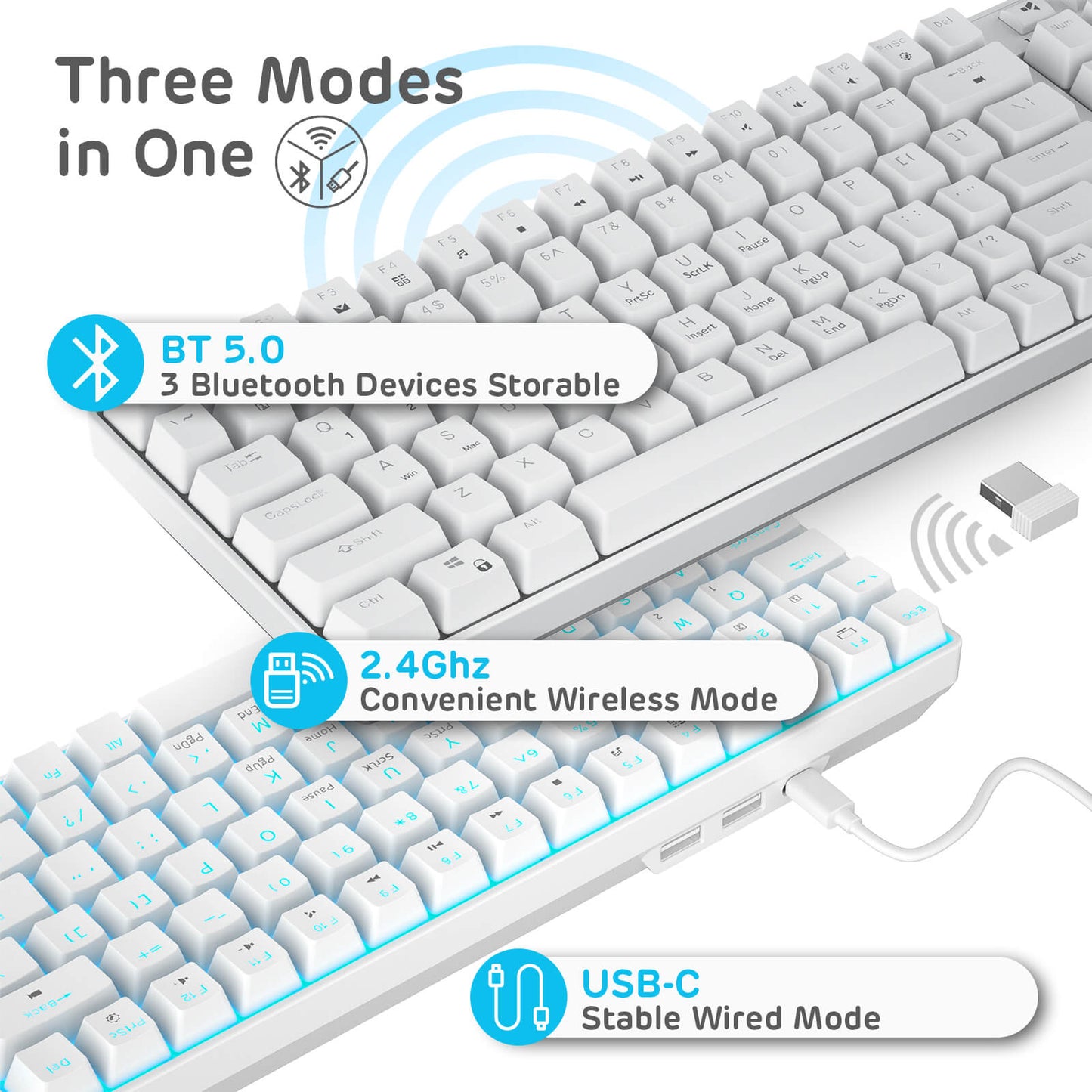 RK96 96% Wireless Hot-Swappable RGB Tri-mode Mechanical Gaming Keyboard in White with Bluetooth, 2.4G, and USB-C Connectivity