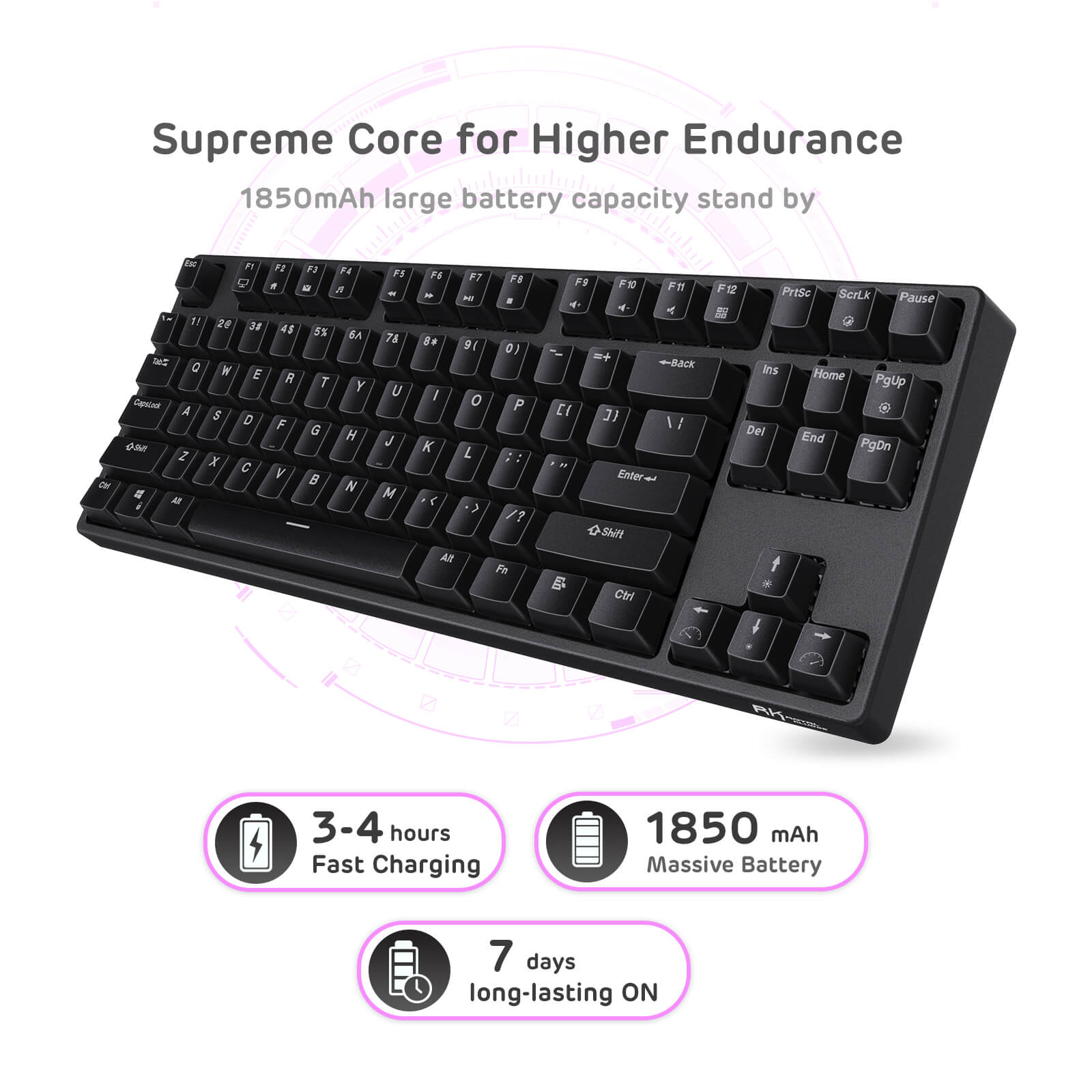 Royal Kludge RK-87 tkl keyboard showcasing its 1850mAh large battery capacity, featuring fast charging in 3-4 hours and up to 7 days of continuous use