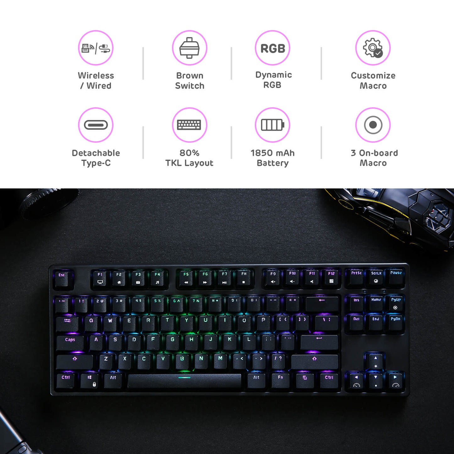 RK87 Wireless Mechanical Keyboard featuring dynamic RGB lighting, brown switches, 80% TKL layout with 1850 mAh battery, detachable Type-C cable, and customizable macros