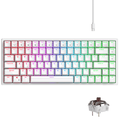 RK ROYAL KLUDGE RK84 Wired RGB 75% Hot Swappable Mechanical Keyboard, 84 Keys Tenkeyless TKL Gaming Keyboard w/Programmable Software and High-Capacity Battery, RK brown Switch white