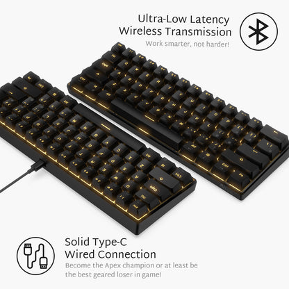 Royal Kludge White RK61 Gaming keyboard highlighting ultra-low latency wireless transmission and solid Type-C wired connection, designed for optimal gaming performance