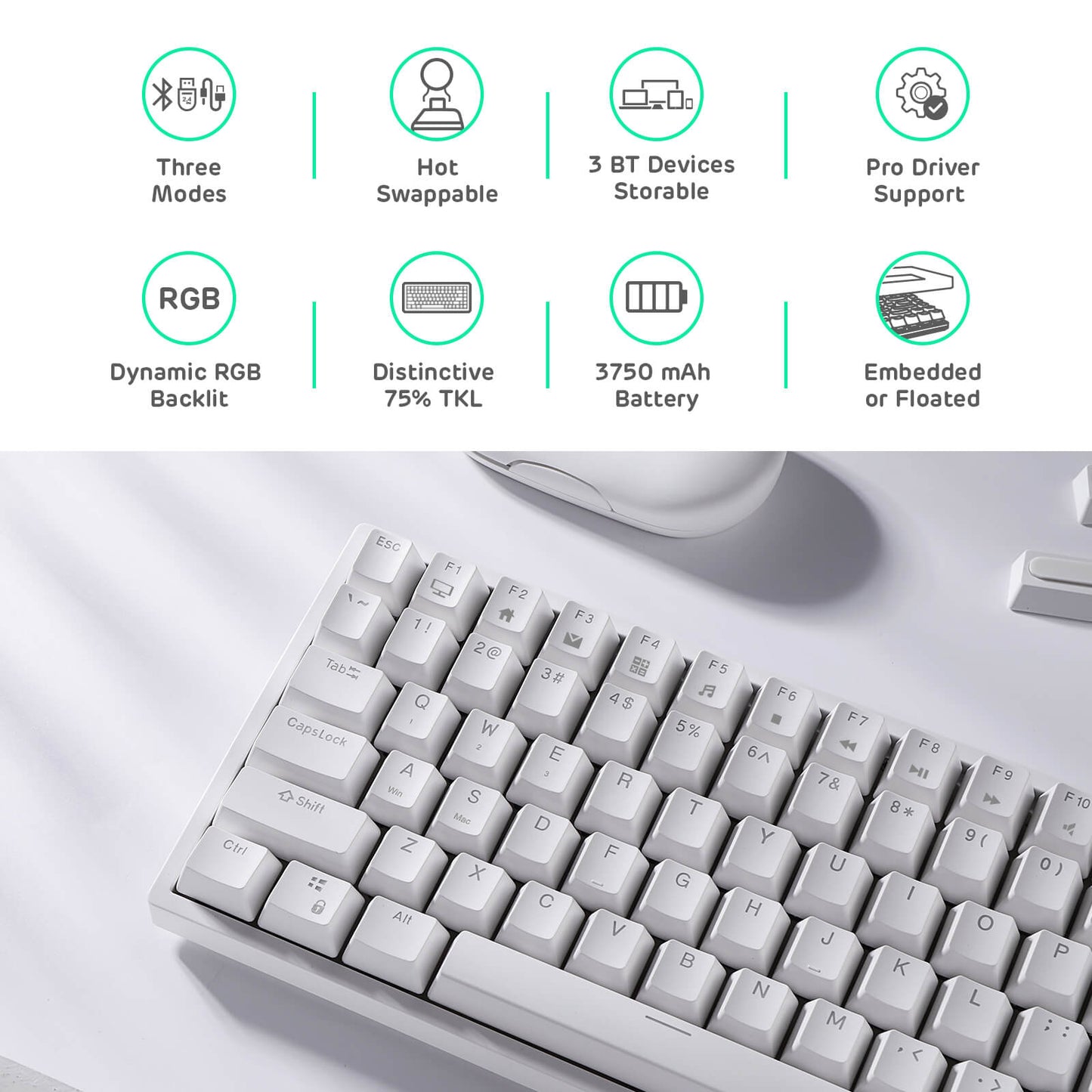 Overview of RK84 75 percent keyboard features including three modes, hot-swappable keys, storage for three Bluetooth devices, pro driver support, dynamic RGB backlighting, distinctive 75% TKL layout, 3750 mAh battery, and options for embedded or floated keycaps