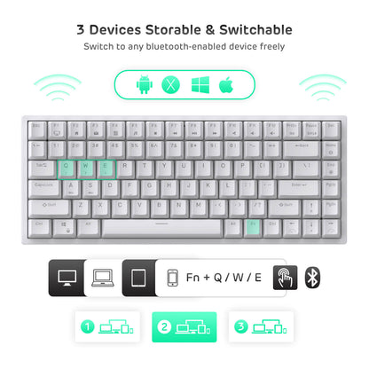 RK84 White 75% Mechanical Keyboard featuring three-device storage and switching, compatible with Windows, Mac, and Android systems