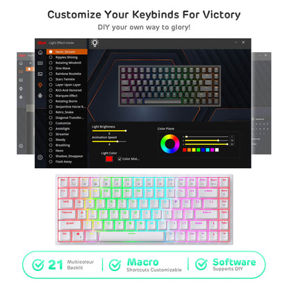 Softeware for customizing keybinds and lighting effects for the Royal Kludge RK84 keyboard, featuring 21 multicolor backlight options, macro shortcuts, and DIY software support.