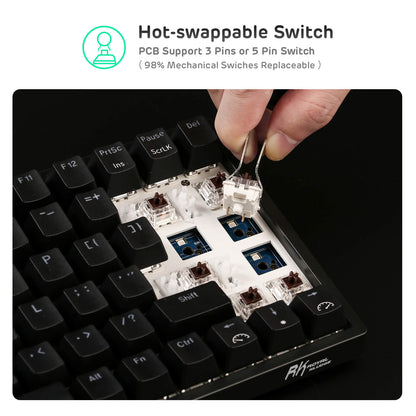 Royal Kludge RK84 75% compact keyboard demonstrating its hot-swappable switches, allowing for easy replacement of 3-pin or 5-pin mechanical switches